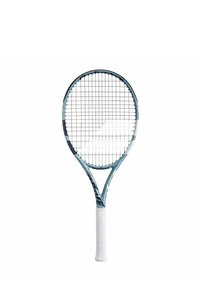 Ein hellblaues Tennisschläger mit einem strukturierten weißen Griff, ovalem Kopf und einem Gittermuster aus strapazierfähigen Saiten. Schlankes Rahmendesign mit Akzenten.