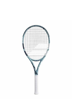 Ein hellblaues Tennisschläger mit einem strukturierten weißen Griff, ovalem Kopf und einem Gittermuster aus strapazierfähigen Saiten. Schlankes Rahmendesign mit Akzenten.