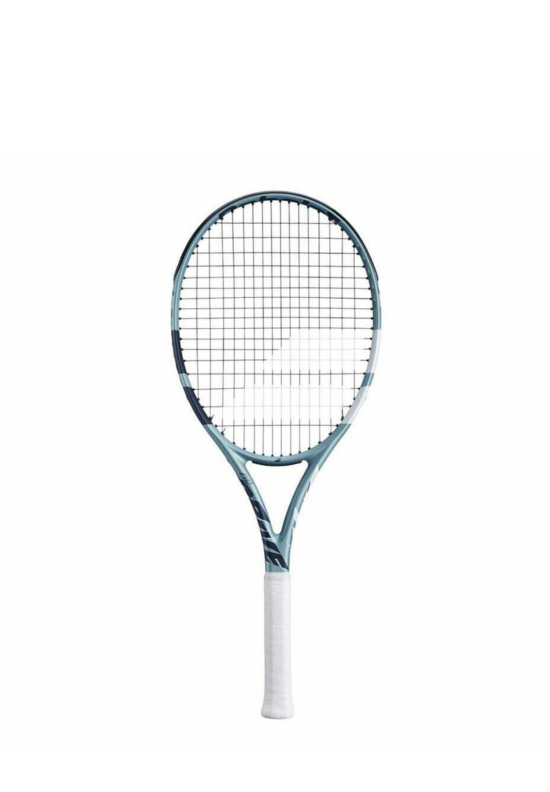 Ein hellblaues Tennisschläger mit einem strukturierten weißen Griff, ovalem Kopf und einem Gittermuster aus strapazierfähigen Saiten. Schlankes Rahmendesign mit Akzenten.