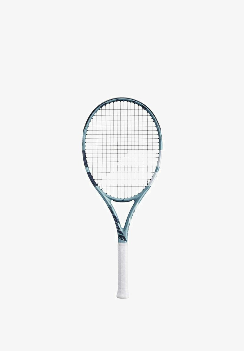Ein hellblaues Tennisschläger mit einem strukturierten weißen Griff, ovalem Kopf und einem Gittermuster aus strapazierfähigen Saiten. Schlankes Rahmendesign mit Akzenten.