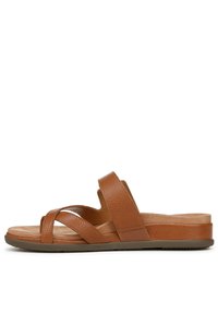 Sandalo slide in pelle marrone con strap incrociati e una soletta imbottita, foderata in tessuto morbido e suola bassa in gomma.