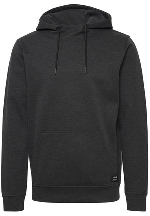 Dark gray hoodie made of soft fabric, featuring a kangaroo pocket, drawstring hood, and ribbed cuffs at the sleeves and hem.