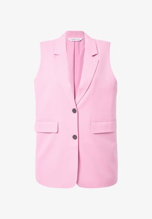 Pink sleeveless blazer with notch lapels, structured shoulders, two front pockets, and a double-button closure. Smooth fabric texture.