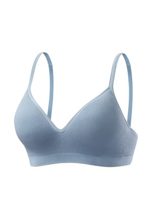 Light blue bralette with a textured, ribbed design. Features adjustable straps and a V-shaped neckline, made from soft, breathable fabric.