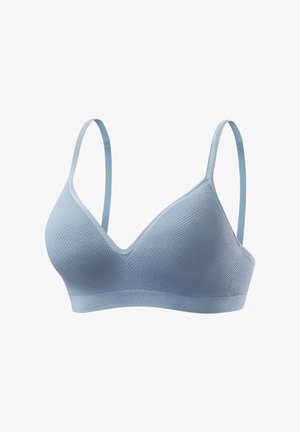 Light blue bralette with a textured, ribbed design. Features adjustable straps and a V-shaped neckline, made from soft, breathable fabric.