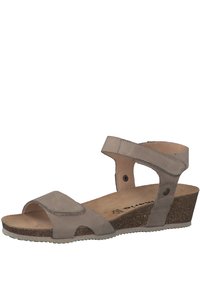 Grey wedge sandals with a leather upper, featuring two adjustable straps, cork footbed, and textured rubber outsole.