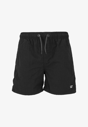 Black swim shorts with an elastic waistband, adjustable drawstring, and side pockets. Features a small logo on the lower right leg.