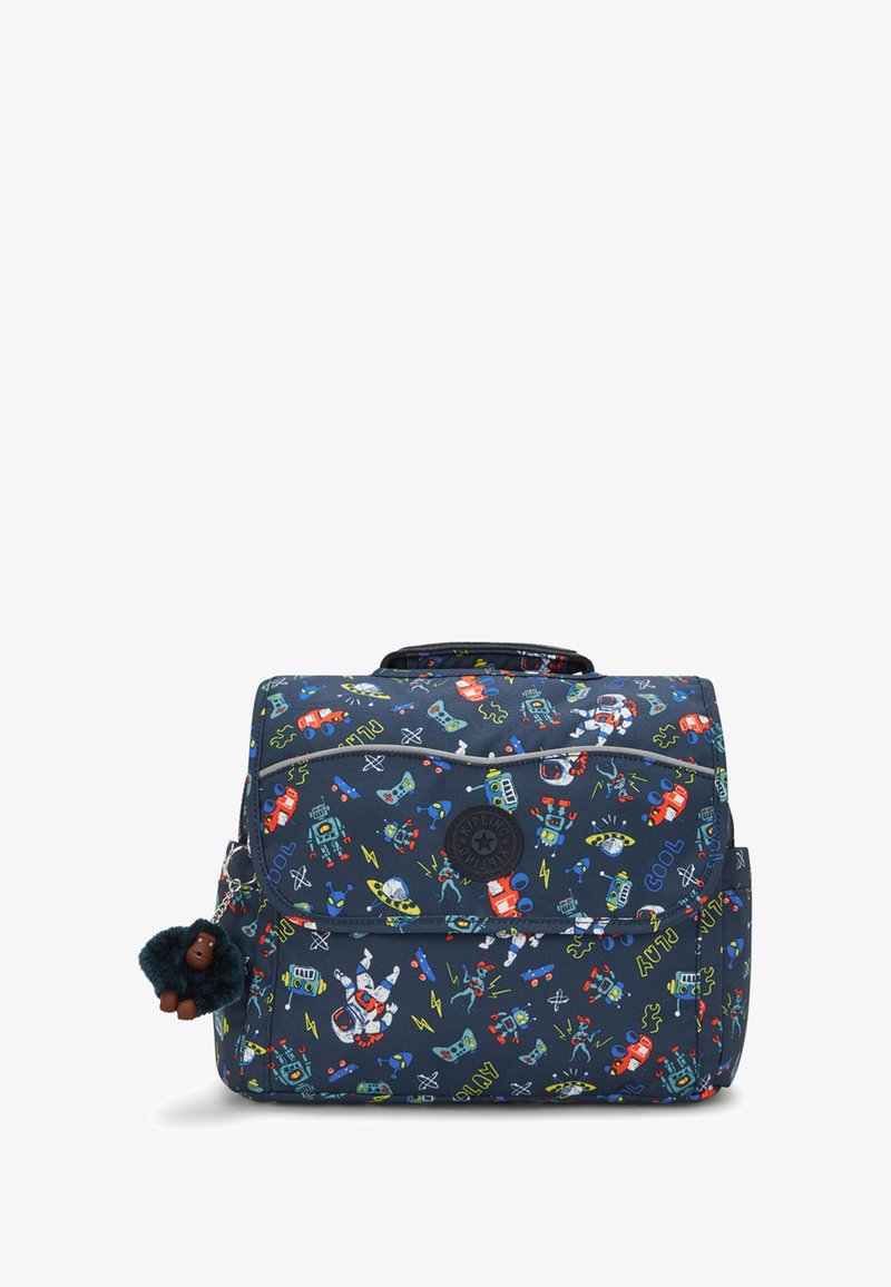 Zaino della marina con motivi spaziali colorati, con robot e razzi. Include un portachiavi a forma di scimmia in peluche e una tasca frontale con zip.