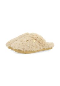 Chaussons beige flous avec une texture douce, ornés d'accents en or représentant des étoiles et des lunes sur le dessus, et une semelle plate en caoutchouc marron.