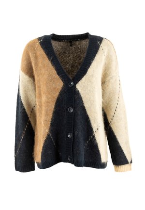 Cardigan de punto con escote en V, que presenta un patrón geométrico en marrón, crema y azul oscuro, terminado con cuatro botones negros y puños acanalados.