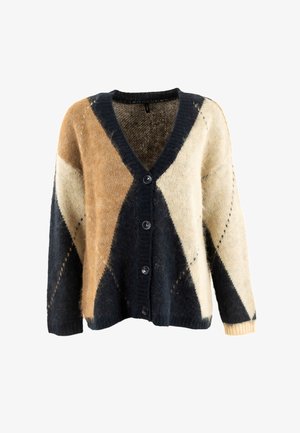 Cardigan de punto con escote en V, que presenta un patrón geométrico en marrón, crema y azul oscuro, terminado con cuatro botones negros y puños acanalados.