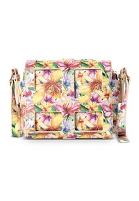 Blumen-Umhängetasche mit einem mehrfarbigen Design aus gelben, pinken und lila Blumen auf einem weißen Hintergrund mit rechteckigen Ausschnitten.