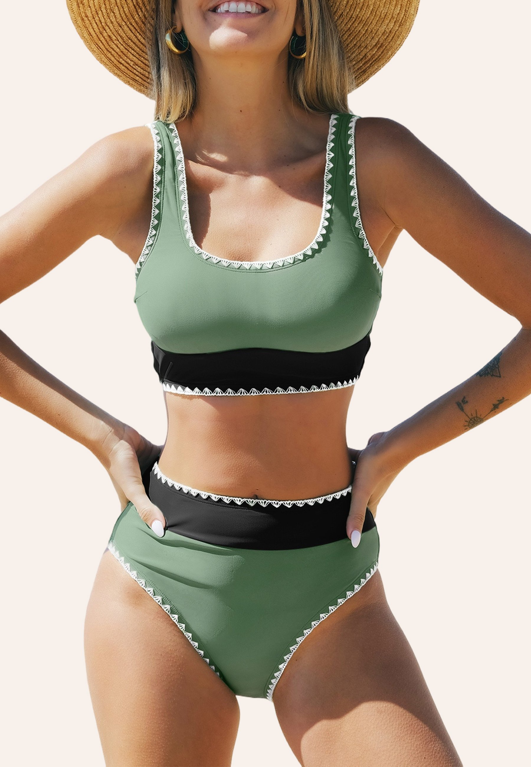 Bikini Set Dames Hoge Taille CUPSHE Dames Bikini Set - U-hals, Hoge Taille, Gestructureerd, Tweedelig, Tank Sport Bikini Gestructureerde Badmode Cupshe
