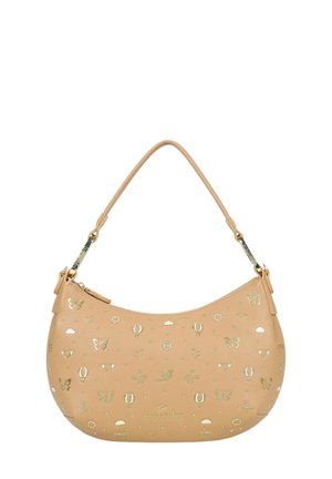 Borsa a tracolla in pelle beige con farfalle, cuori, mongolfiere, uccelli e motivi di sole in rilievo dorato, con marchio "braccialini" sul davanti.