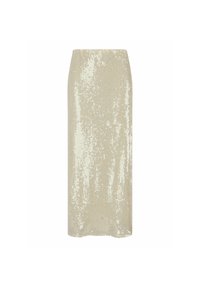 Lichtbeige paillettenpencilrok met een gladde textuur, een aangesloten pasvorm en een knielange ontwerp, met schitterende details door de hele rok.