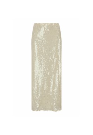 Helle beige Pailletten-Bleistiftrock mit glatter Textur, taillierter Form und knielangem Design, das insgesamt schimmernde Details aufweist.