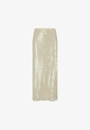 Light beige sequin pencil skirt with a smooth texture, fitted shape, and knee-length design, featuring shimmering details throughout.
