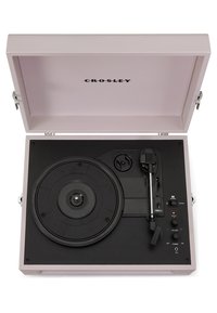 Portable record player with a pink case, black turntable, adjustable tonearm, multiple control knobs, and Crosley branding inside the lid.