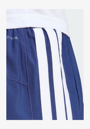 Navy blue shorts made of lightweight fabric featuring white vertical stripes. Includes a drawstring waistband and visible stitching details.