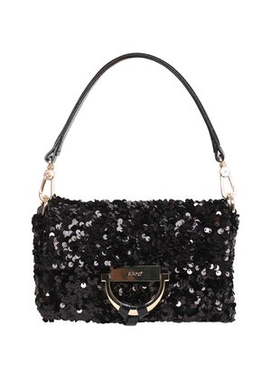 Black sequin handbag with a gold-tone metal clasp and a black leather shoulder strap. Features a rectangular shape and textured surface.