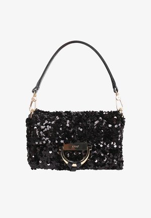 Black sequin handbag with a gold-tone metal clasp and a black leather shoulder strap. Features a rectangular shape and textured surface.