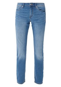 Světle modré džíny rovného střihu vyrobené z denimu, s klasickým pětipocket designem a jemným vyblednutím na nohách. Zapínání na knoflík a zip.