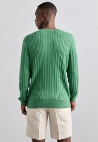 Zelený pletený sveter so ribovanou textúrou a dlhými rukávmi, skombinovaný s svetlo béžovými šortkami. Dizajn obsahuje výstrih typu crew neck.