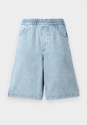 Light blue denim shorts with an elastic waist, side pockets, and white side stripes, featuring a relaxed fit and smooth texture.