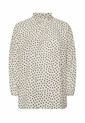 Kremowa bluzka w czarne kropki, z kołnierzykiem stójkowym, długimi rękawami i plisowanym detalem przy dekolcie. Gładki, lekki materiał.