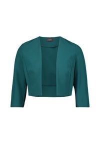 Svetle modrá zkrácená bunda, matná hladká látka, otevřený přední design, rukávy tříčtvrteční délky, bez zapínání nebo vzorů, jednoduchý silueta.