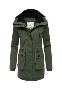 Olive green parka with a fleece-lined hood, front zipper, and two large buttoned pockets. Features adjustable drawstrings and ribbed cuffs.