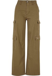 Khaki cargo bukser med rett ben, flere sidelommer, knaplukning og et blødt bomuldsblandingsstof.
