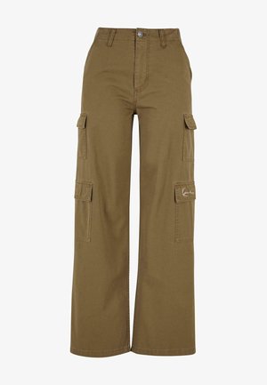 Khaki Cargo-Hosen mit geradem Bein, mehreren Seitentaschen, einem Knopfverschluss und einem weichen Baumwoll-Mischgewebe.