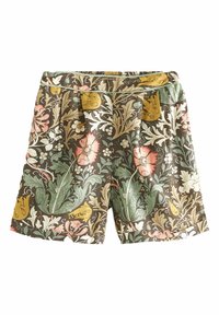 Shorts marron à motif floral avec des accents verts, roses et jaunes ; conception plissée avec une taille élastique pour le confort.
