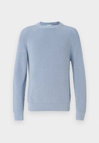 Light blue knitted sweater with ribbed texture, crew neck, raglan sleeves, and fitted cuffs and hem. No visible patterns or accents.