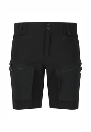 Shorts noirs en tissu durable, dotés d'une poche zippée de chaque côté et d'une taille à deux boutons pour un maintien sécurisé.