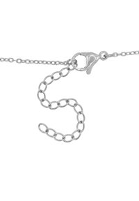 Silberne Metallkette mit ovalen Gliedern und einem Karabinerhaken, die einen kleinen verstellbaren Abschnitt für einen sicheren Verschluss aufweist.