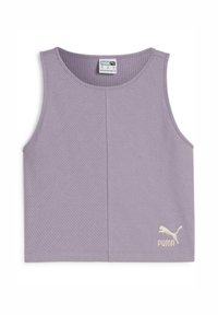 Paarse geribbelde crop top van zachte stof, met een ronde halslijn en geborduurd logo rechts onderaan.