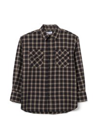 Camisa de cuadros negra y beige con mangas largas, cierre de botones en la parte delantera y dos bolsillos en el pecho. Hecha de tela cepillada, con un dobladillo redondeado.