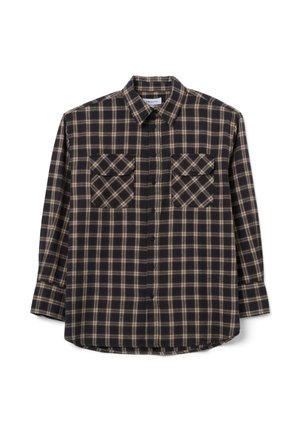 Black and beige plaid shirt with long sleeves, button-down front, and two chest pockets. Made of brushed fabric, featuring a rounded hem.