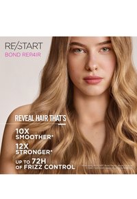 Junge Frau mit langem, glattem, welligem blondem Haar, die das RE/START Bond Repair Haarprodukt für Frizz-Kontrolle und Haarstärkung bewirbt.