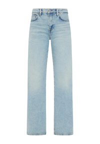 Jeans in denim azzurro chiaro con design a gamba dritta, vita alta, stile a cinque tasche e dettagli di sbiadimento minimali sul tessuto.