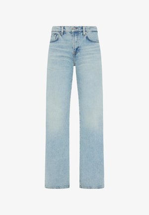 Lyseblå denim jeans med lige snit, høj talje, fem lomme-design og minimale slidser på stoffet.