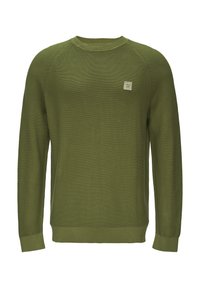 Pull en olive avec une texture côtelée, col rond et manches longues. Comprend une petite étiquette logo sur la poitrine gauche.