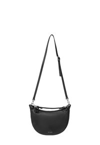 Borsa a tracolla in pelle nera con una forma arrotondata, superficie texture, tracolla regolabile e hardware in tonalità argento. Presenta una chiusura superiore con cerniera.