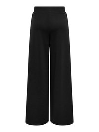 Zwarte wijde broek met een elastische tailleband, rechtvallend zonder zichtbare patronen of versieringen.