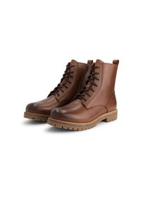 Bruine leren enkellaarsjes met een matte afwerking, ronde neus, veterfront, een lussen om aan te trekken en een stevige rubberen zool met een profiel.