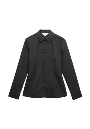 Zwarte nauwsluitende lange mouwen shirt met verzonken knoopsluiting, klassieke kraag en zijnaaddetails, getoond op een witte achtergrond.