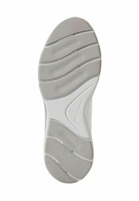 Suola di scarpa sportiva bianca con superficie texture, realizzata in materiale gommato, fessure per la trazione e design minimalista.