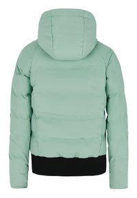 Mintgroene pufferjack met een capuchon, gequilte textuur en zwarte geribde zoom. Glad materiaal met een eenvoudig design en geen zichtbare hardware.